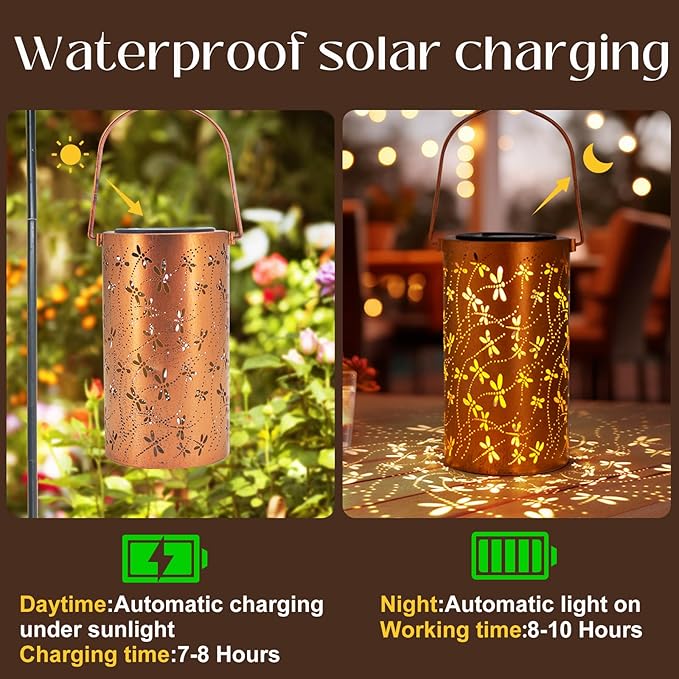 2 Pack Solar Lanterns Outdoor Hanging Lantern Lights, Dragonfly Hollowed-Out Metal Decor Lantern, Waterproof LED Decorative Garden Light - Delicate Garden Decoration for Patio, Yard DIBIEECN