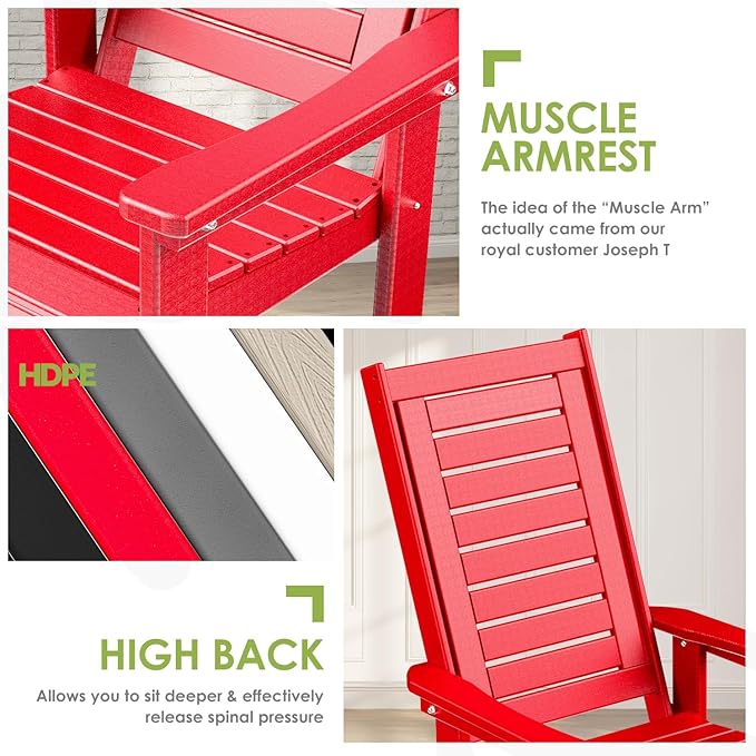 GREENVINES Outdoor Rocking Chairs | Set of 2 | Porch Rocker | HDPE Plastic | Red | Oversized Rockers | High Back | Big & Tall | Ladder Back | for Patio Outside Backyard Balcony GreenVines