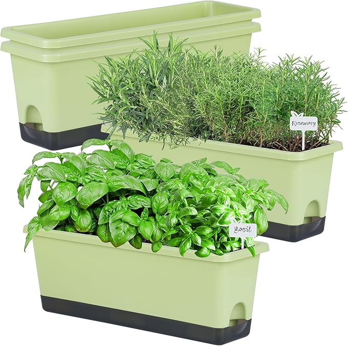 Window Box Planter 4 Packs, 17 Inches Rectangle Flower Pots with Drainage Holes & Trays, Pots for Vegetables, Herbs, Flowers, Garden Windowsill Balcony (Light Green, 17 * 5.1 * 6 inch) Oliz