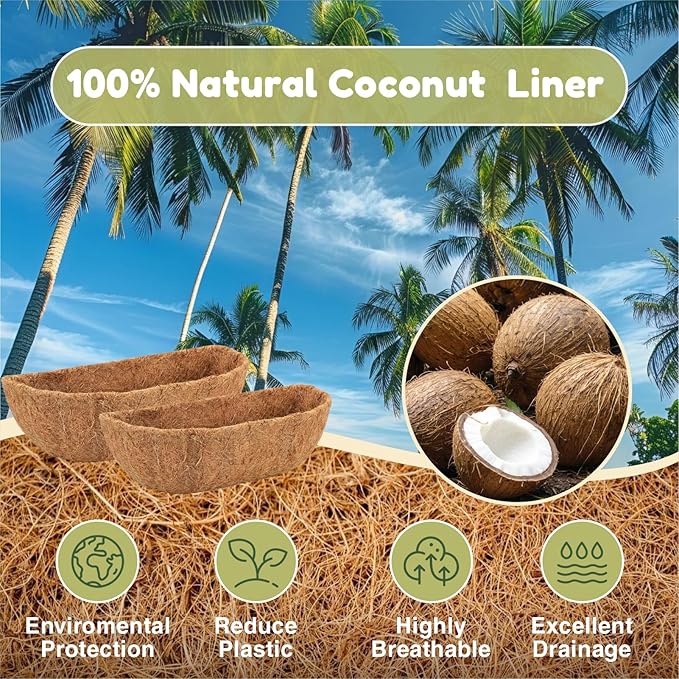 2 Pcs 36 Inch Trough Coco Liner for Window Box, 100% Natural Half Moon Coconut Coir Planter, Replaceable Coconut Fiber Liner for Window Boxes & Fence Flower Baskets (2, 36 inch) Rootora