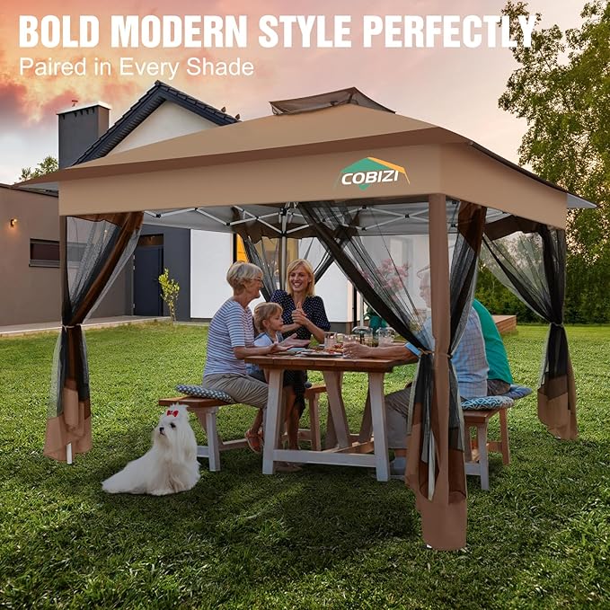 COBIZI 13x13 Pop Up Gazebos On Clearance Canopy Tent- Upgrade Metal Outdoor Canopy Waterproof - Portable Gazebo with Mosquito Nettings, 4 Ropes 8 Stakes and Carry Bag for Patio Garden(Brown) COBIZI