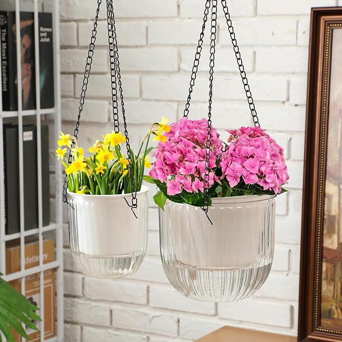 Maxcheck 4 Pcs Self Watering Hanging Planters Indoor Gift 6.5'' 4.5'' Hanging Flower Pots Baskets Outdoor Self Watering Plant with 3hooks Drainage Holes for Home(Clear) Maxcheck