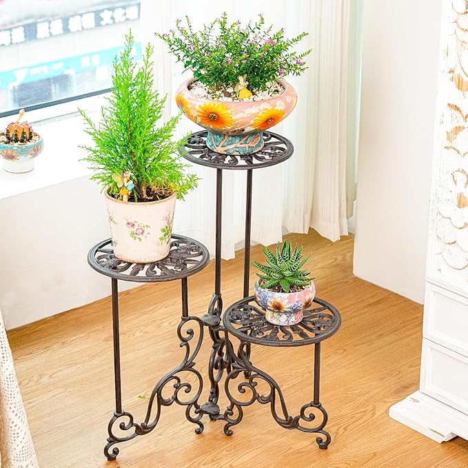Sungmor Heavy Duty Cast Iron Plant stand, 3 Tier Foldable Metal Plant Shelf, 24in Tall Vintage Flower Pot Holder Indoor Outdoor Tiered Plant Stand, Rustic Plant Display Rack for Corner Balcony Patio Sungmor