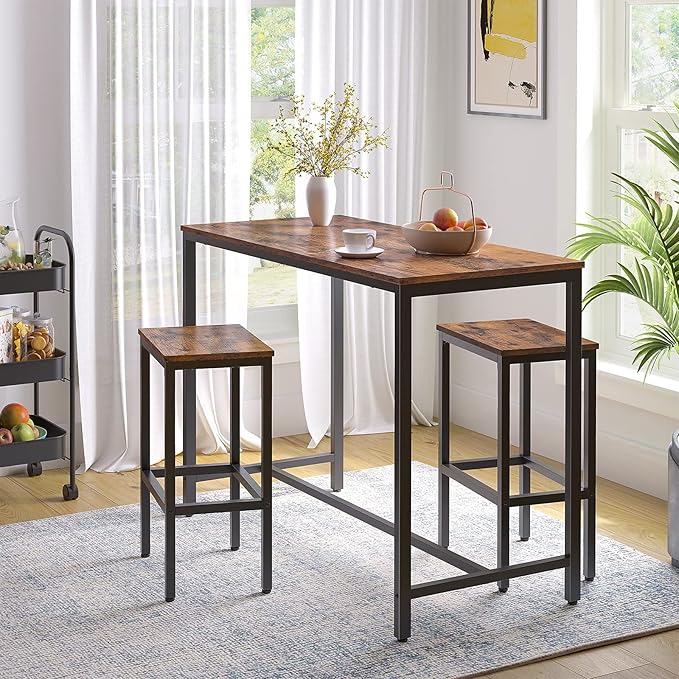 HOOBRO Bar Table and Chairs Set, 47.2” Rectangular Pub Table with 2 Stools for Small Space, High Top Table, 3-Piece Breakfast stools Set, Sturdy Metal Frame, Easy to Assemble, Rustic Brown BF52BT01 HOOBRO