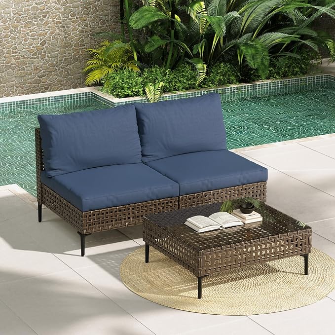 Grand patio 3-Piece Wicker Patio Furniture Set, Retro Outdoor Sectional Sofa with Water Resistant Blue Thick Cushions and Coffee Table, Brown GrandPatio