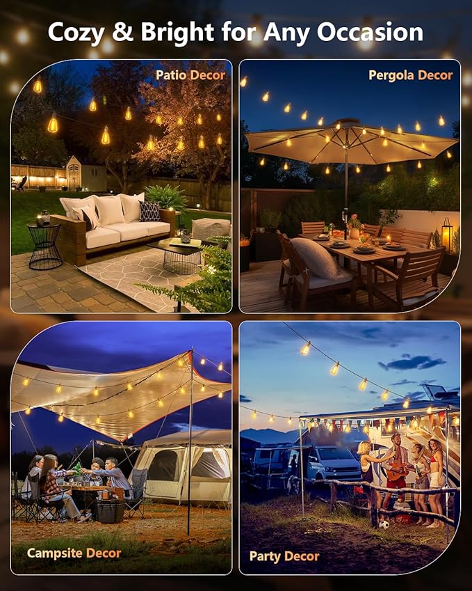 Brightown 52FT Solar String Lights Outdoor Waterproof with Remote, 15+1 LED Shatterproof Bulbs, Dimmable & Timable, 3 Light Modes - Commercial Grade Patio Lights for Garden Backyard Party Decor Brightown