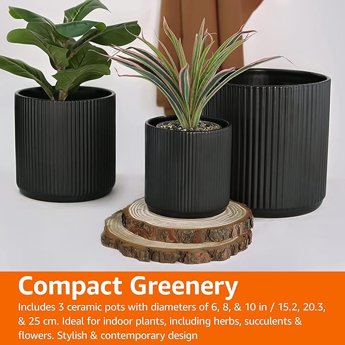 Amazon Basics Fluted Ceramic Round Planters with Drainage Hole, Indoor Outdoor Flower Pots, Assorted Sizes 6, 8, 10 inch, Set of 3, Black AmazonBasics