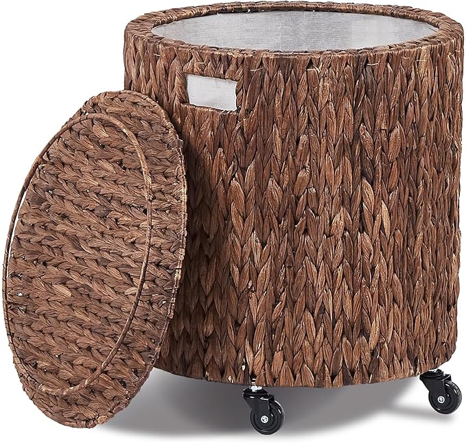 Wimarsbon Round Pouf Ottomans, Handwoven Natural Water Hyacinth Seagrass Pouffe,Outdoor Rattan Stool Accent Seat, Bohemian Coastal Home Decor (Storage Ottoman - Dark Water Hyacinth Braid) Wimarsbon