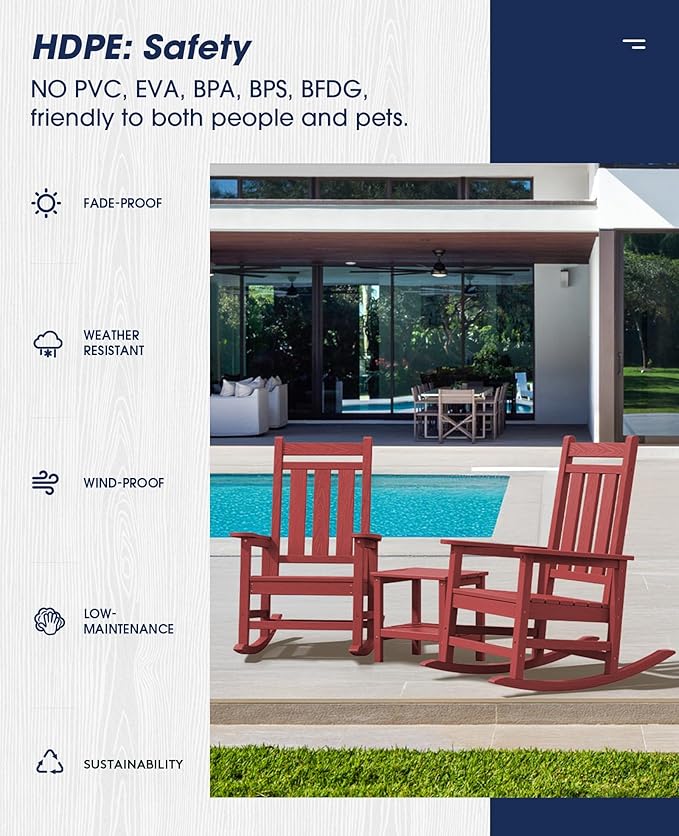KINGYES Oversized Outdoor Rocking Chair Set of 2, All-Weather Patio Rocking Chairs for Porch, HDPE Outdoor Patio Rockers with High Back & Wide Seat for Garden, Lawn, Red KINGYES