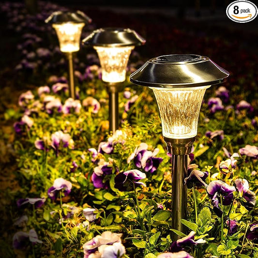 GIGALUMI Solar Pathway Lights, 8 Pack Solar Light Outdoor Waterproof, Glass Stainless Steel Automatic Solar Landscape Lights for Patio, Yard, Lawn, Driveway, Walkway (Warm White) GIGALUMI