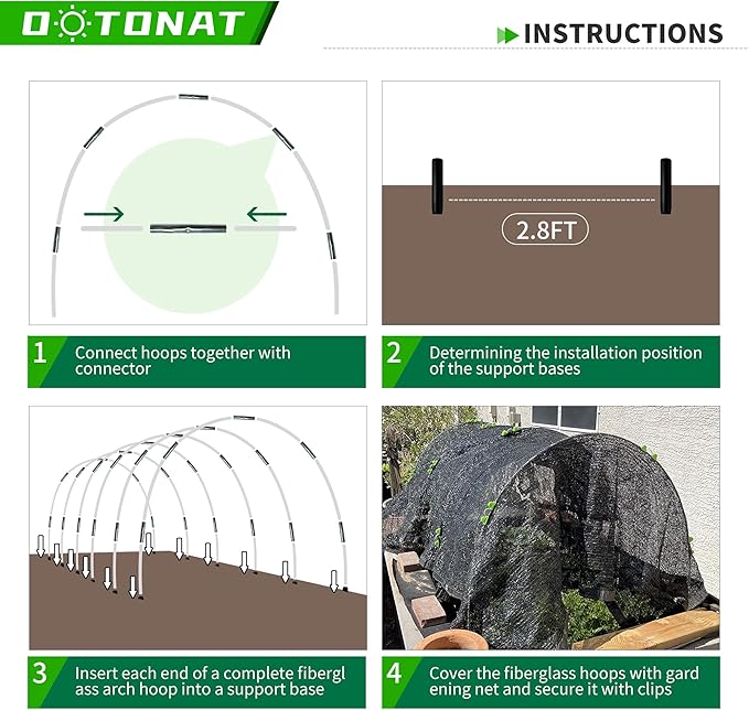 8FT Garden Hoops Grow Tunnel Kit - Rust-Free Fiberglass Frame for Raised Beds, 36pcs - DIY Plant Support for Garden Netting, Row Covers, and Greenhouse Protection OOTONAT