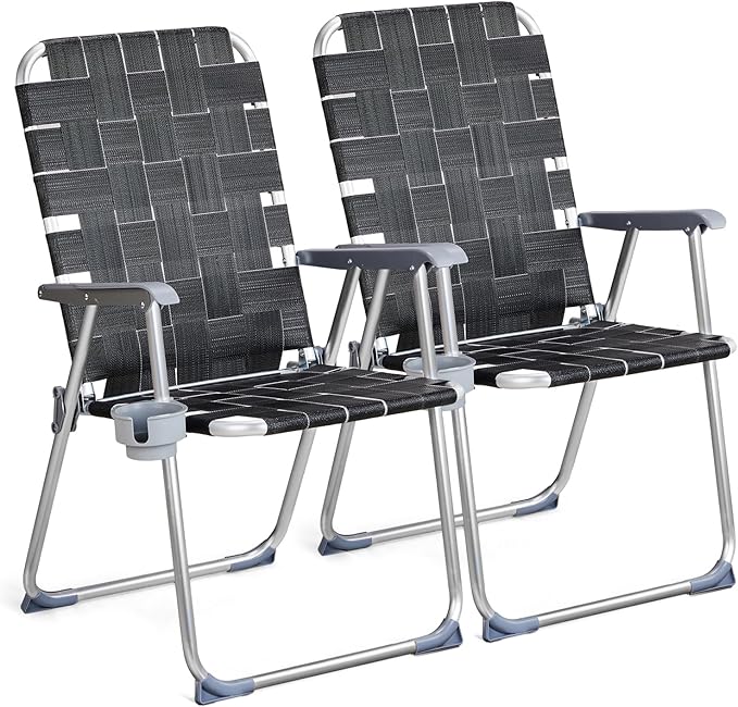 VINGLI Aluminum Patio Lawn Chairs Folding Set of 2 with Detachable Cup Holder, Webbed Beach Chair Folding Chair Outdoor Portable Camping Chair for Yard, Garden VINGLI