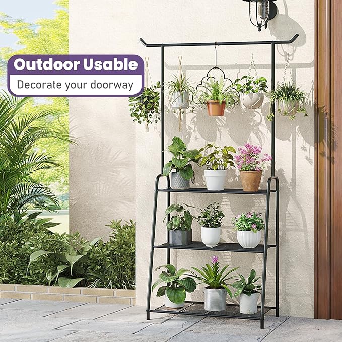 Metal Plant Stand Indoor Outdoor, 3 Tier Tall Corner Plant Shelf, Hanging Flower Ladder for Living Room, Balcony, Garden, Patio (Black) Rootora
