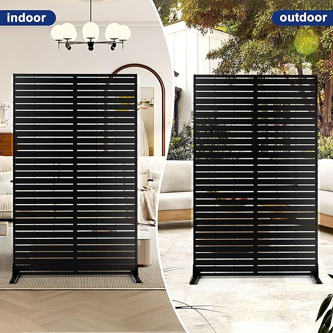 FENCY Metal Privacy Screen with Stand 72" H×44" W Outdoor Freestanding Privacy Panels, Outdoor Privacy Screen for Deck Patio Balcony(Black-Louvered) FENCY