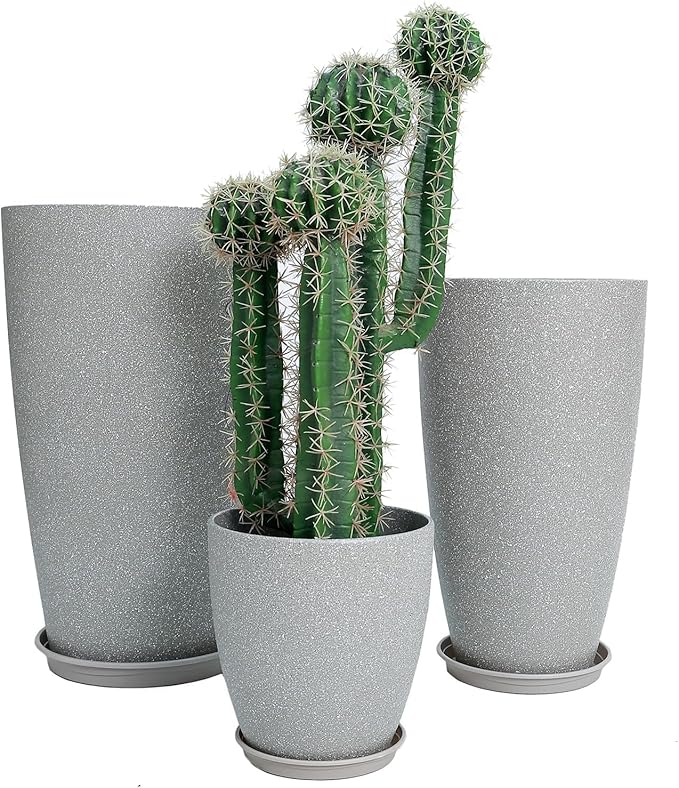 24,21,11 Inch Large Plastic Planters with Drainage Hole and Saucer - Set of 3 Tall Plant Pots Indoor Flower Pot Tall Round Planters Outdoor Large Tall Planter MinCHI257