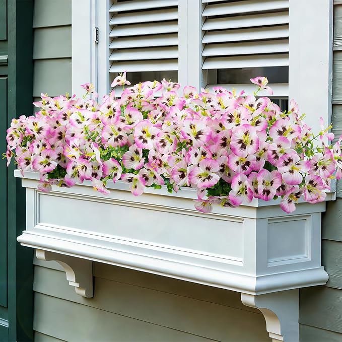 12 Bundles Artificial Pansy Flowers for Outdoor, Faux Silk Pansies Spring Flowers for Outside for Planter Front Door Porch Patio Yard Window Box Home Decor (Pink) Griine