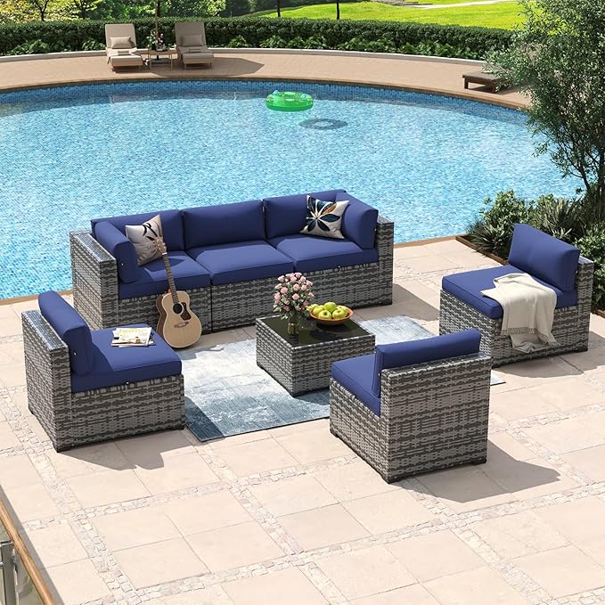 Aoxun 7 Piece Patio Furniture Set Wicker Rattan Patio Conversation Set Outdoor Sectional Sofa Set with Coffee Table and Thickened Cushions, Gray/Blue(Waterproof Cover Included) Aoxun