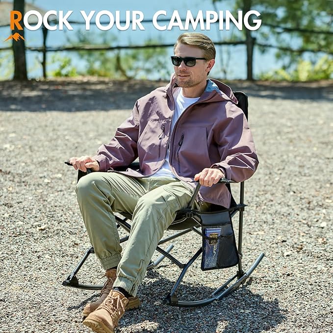 Portal Outdoor Rocking Chair Camping Folding Portable Rocker with Cup Holder Side Pocket Carry Bag, Support 350LBS (Black) PORTAL