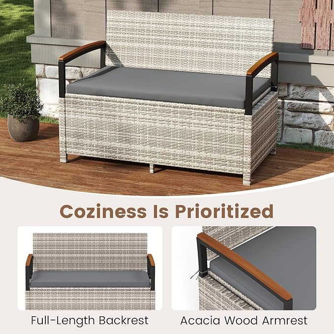 RELAX4LIFE Wicker Outdoor Storage Bench, Rattan Deck Box w/Protective Liner for Patio Furniture Pillows & Garden Tools, Porch Loveseat with Seat Cushion, Acacia Wood Armrests (Grey) RELAX4LIFE