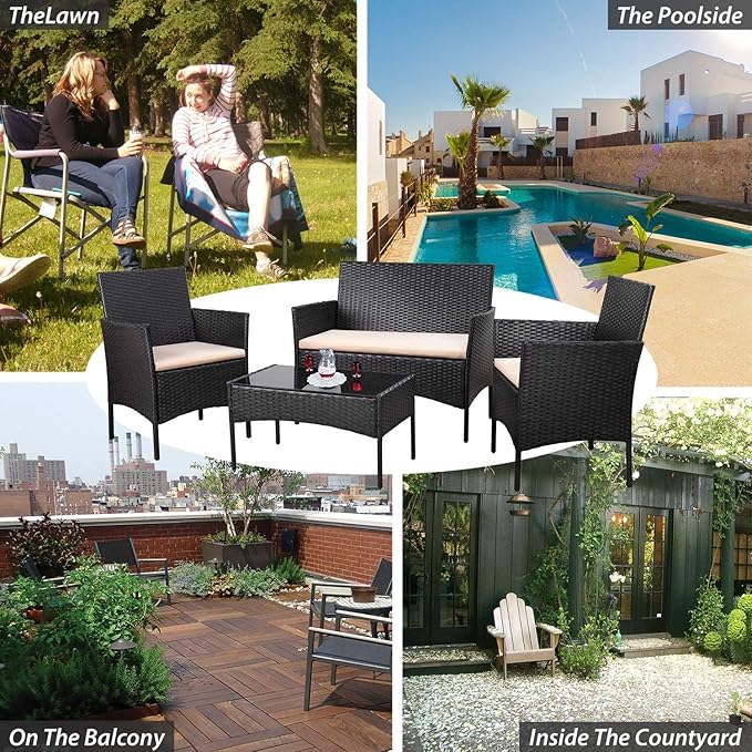 Homall 4 Pieces Outdoor Patio Furniture Sets Rattan Chair Wicker Set,Outdoor Indoor Use Backyard Porch Garden Poolside Balcony Furniture (Black and Beige) Homall