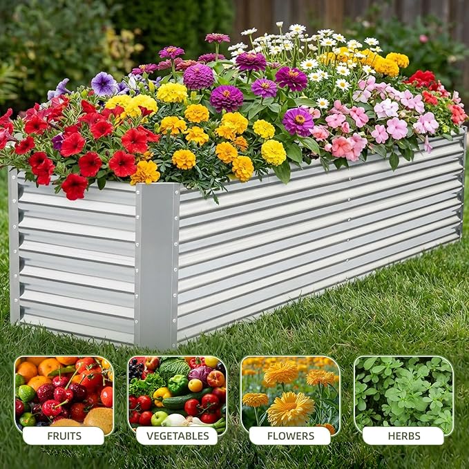 8x2x2ft Raised Garden Bed - Galvanized Deep Root Planter Boxes Outdoor with Wing Nuts and Safety Edges for Gardening Vegetables, Flowers, Herbs, Succulents - Silver GoCampDirect