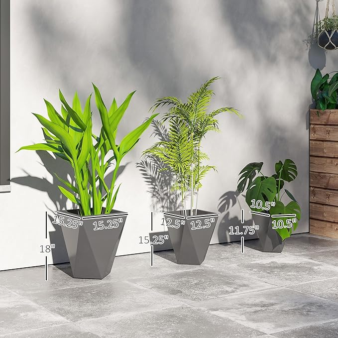 Outsunny Set of 3 Tall Planters, 18", 15.25", 11.75", MgO Indoor Outdoor Planters with Drainage Holes, Stackable Flower Pots for Garden, Patio, Balcony, Front Door, Gray Outsunny
