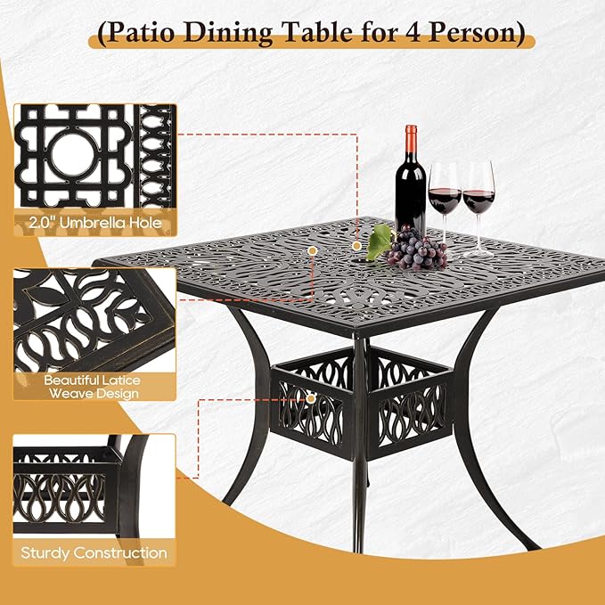 Cast Aluminum Outdoor Patio Dining Set, All Weather Outdoor Furniture Dining Set for Patio, Balcony, Lawn, Garden, Backyard (1 Square Table+ 4 Dining Chairs) Sumshadow