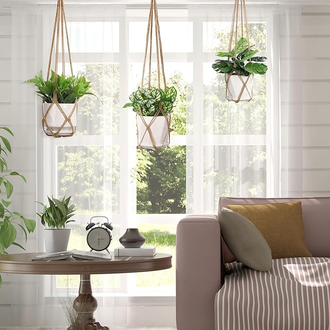 YIBOT 3 Pack Macrame Plant Hanger Indoor Hanging Planter Basket with 3 Hooks, 35"/29"/23" Crochet Plant Holder Stand No Tassels for Indoor Outdoor Boho Home Decor, Brown (POTS NOT Included) YIBOT