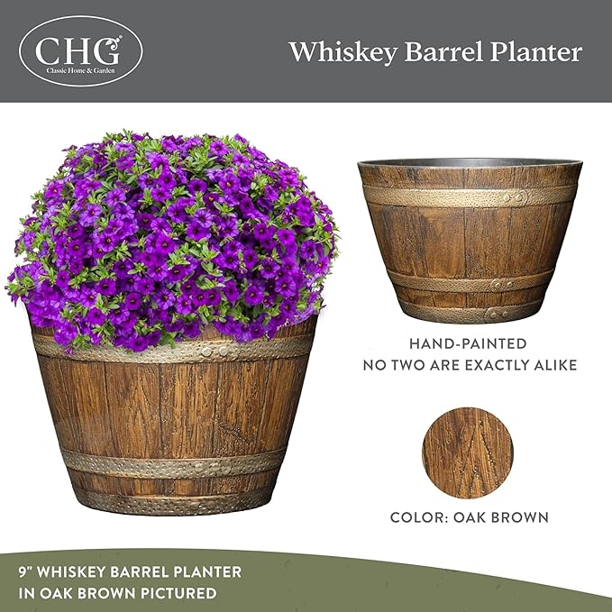 Classic Home and Garden Whiskey Plastic Resin Flower Pot Barrel Planter, Walnut Brown, 20.5" (Pack of 4) ClassicHomeandGarden