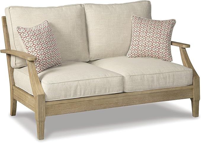 Signature Design by Ashley Clare View Coastal Outdoor Loveseat, Cushioned with Nuvella Fabric, Protective Finish, Eucalyptus Wood, 55.5" W x 35" D x 32" H, Beige SignatureDesignbyAshley
