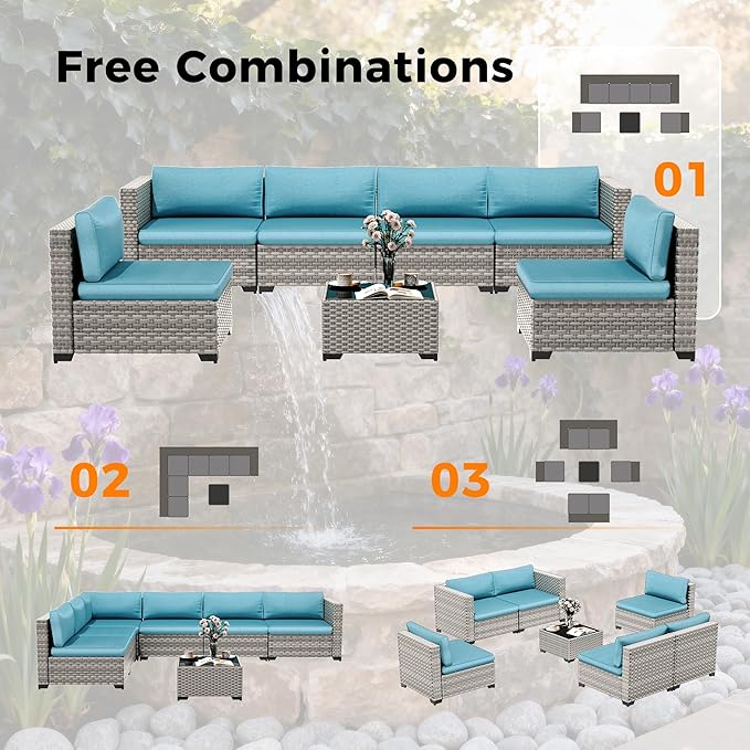6-Seat Modular Patio Furniture Set – Outdoor Wicker Sectional Sofa with Thick 4″ Cushions, Dual-Strand PE Rattan, Rust-Resistant 18 mm Steel Frame, Backyard Garden Deck Lounge,Blue MASIONBACKYARDS