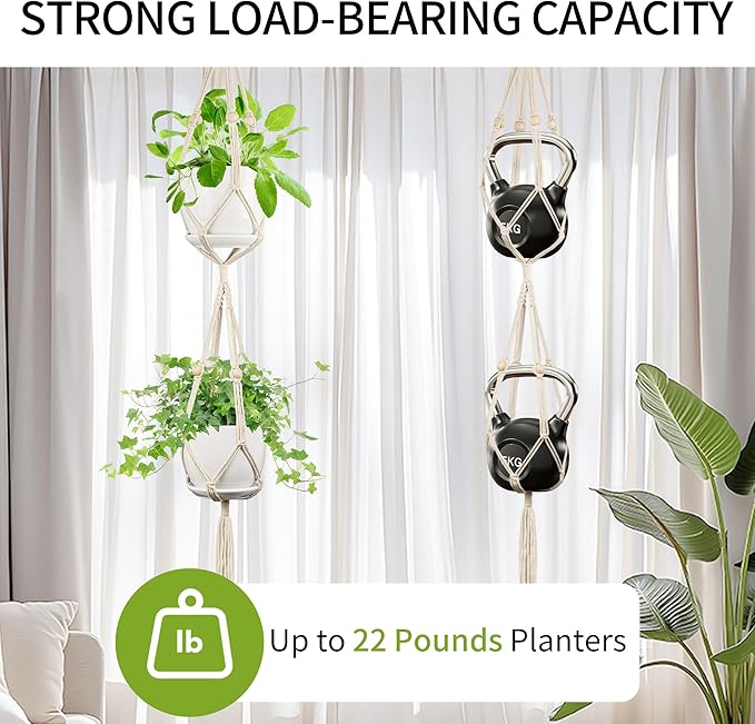 Macrame Plant Hanger - Fits 4 to 8 inches Pots for Indoor Outdoor, 49 Inch, Set of 2, Ivory (POTS NOT Included) IDEEEPAN