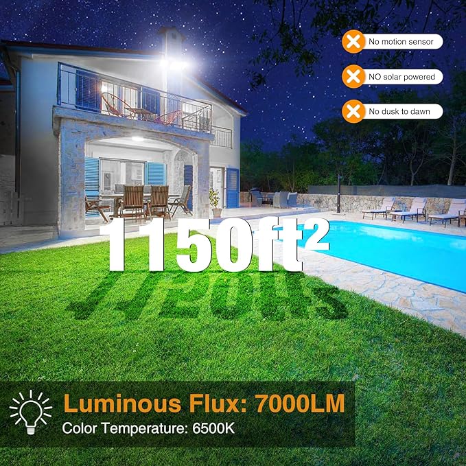 Onforu 75W Flood Lights Outdoor, 7000LM Brightness Security Lights Switch Controlled, 3 Adjustable Heads, IP65 Waterproof, 6500K Wall Mount Exterior LED Flood Light Onforu