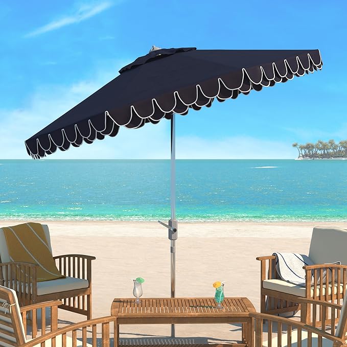 SAFAVIEH 9ft Outdoor Patio Umbrella, Round, Valance, White & Navy Trim, Auto Crank Tilt, UV Resistant for Deck, Backyard, Poolside (PAT8006G) SAFAVIEH