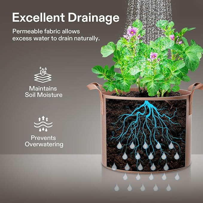 VIVOSUN 5-Pack 25 Gallons Grow Bags Heavy Duty Thickened Nonwoven Fabric Pots with Strap Handles Tan VIVOSUN