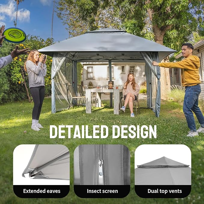 CROWN SHADES 13x13 Pop Up Gazebo, Canopy Tent, Gazebos on Clearance - Outdoor Gazebo for Backyard & Patio Furniture - Carpa Pop Up Tent with Wheeled STO-N-Go Cover Bag (Grey) CrownShades