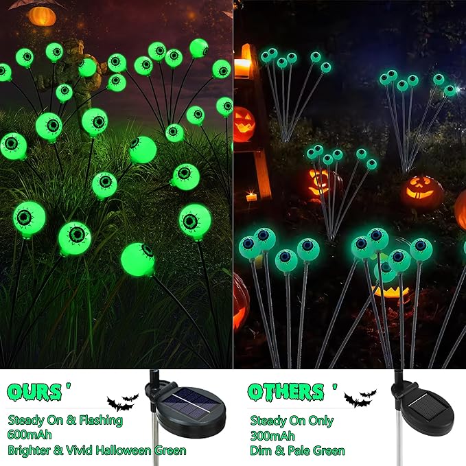 BrizLabs 6 Pack 36 LED Halloween Solar Eyeball Lights, 2 Modes Outdoor Halloween Pathway Lights, Green Solar Walkway Light Waterproof, Green Swaying Firefly Light for Outside Path Yard Garden Lawn BrizLabs