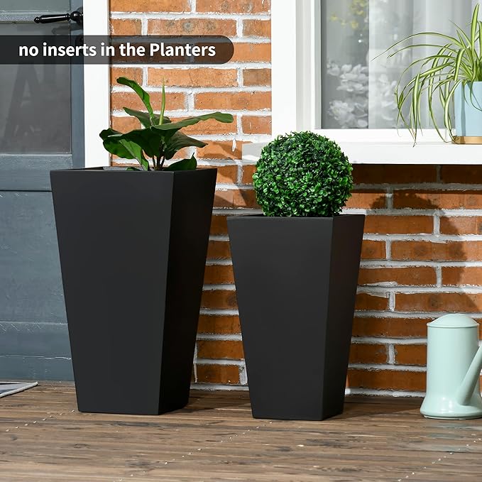 Outsunny 2-Pack Outdoor Planter Set, Flower Pots with Drainage Holes, Durable & Stackable Plant Pot, 22in & 18in, for Porch, Entryway, Patio, Yard, Garden, Black Outsunny