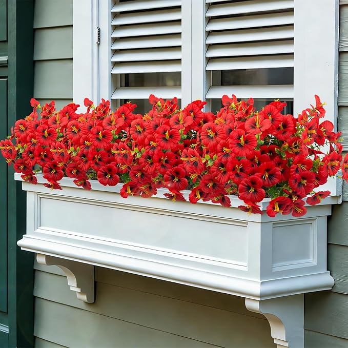 12 Bundles Artificial Pansy Flowers for Outdoor, Faux Silk Pansies Spring Flowers Outside for Planter Front Door Porch Patio Yard Window Box Home Decor (Red) Griine