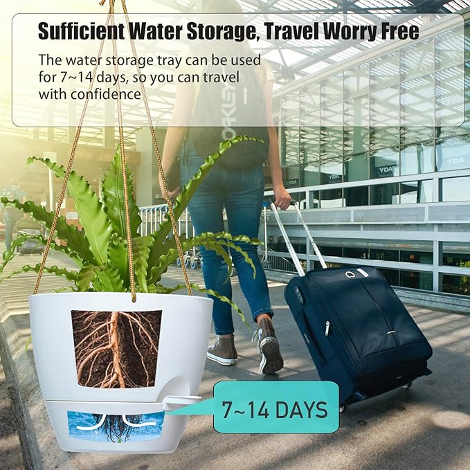 8 inch Hanging Planters, 2 Pack Self Watering Hanging Pots with 20oZ Deep Reservoir for Indoor Outdoor Plants Flowers, White SwinDuck