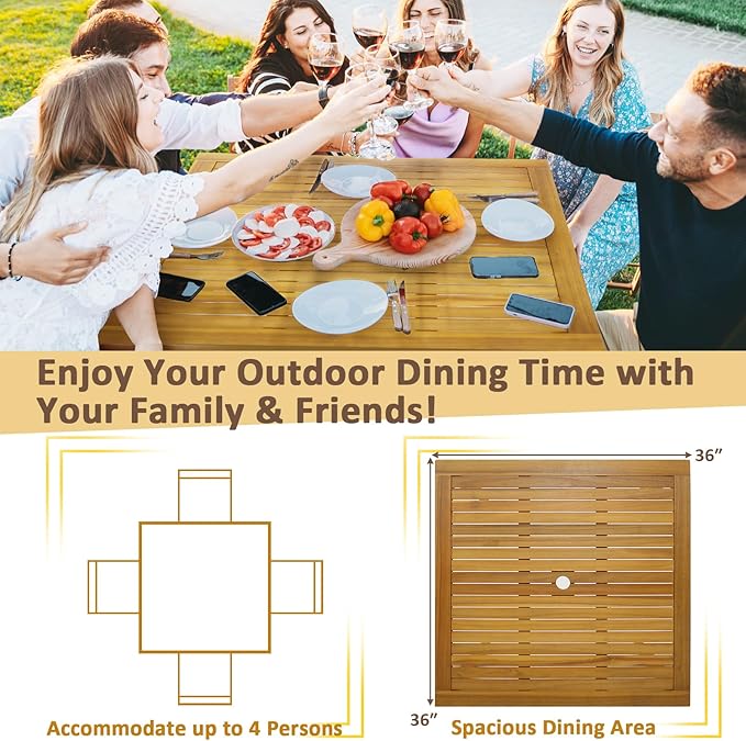 Tangkula 36" Square Outdoor Dining Table, Acacia Wood 4-Person Patio Dining Table with 1.9" Umbrella Hole, Farmhouse Patio Bistro Table, Indoor Outdoor Dining Furniture for Yard Deck Lawn TANGKULA