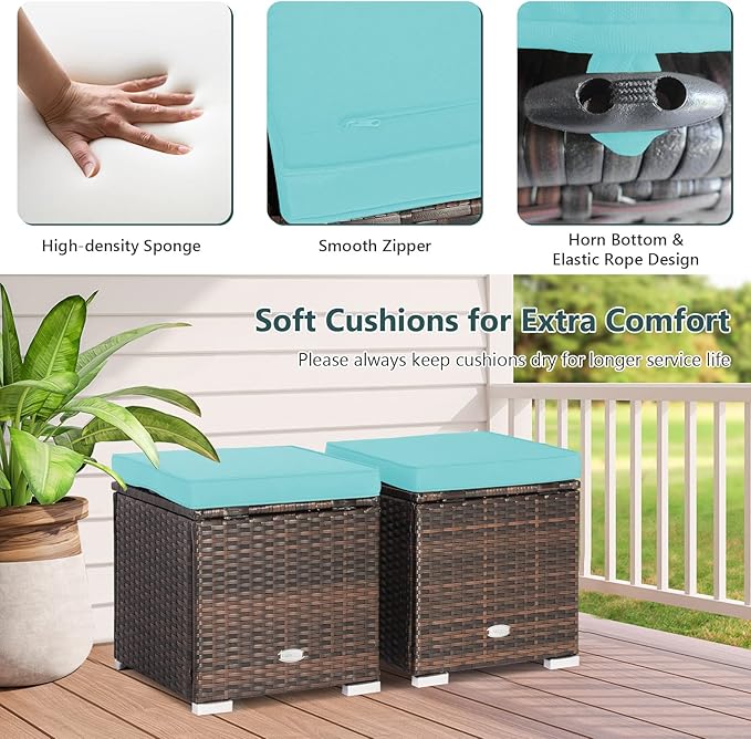 Tangkula 2 Pieces Patio Ottomans, Patiojoy Hand-Woven PE Rattan Side Table with Removable Cushion & Hidden Storage Space, Multifunctional Storage Box, Seat for Patio, Backyard, Poolside (Turquoise) TANGKULA