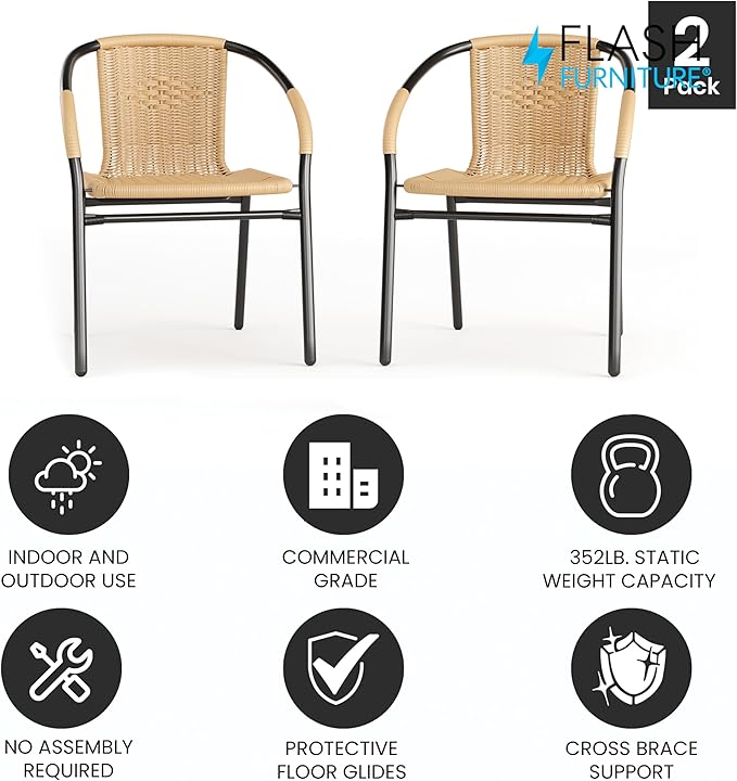 Flash Furniture Lila 2 Pack Beige Rattan Indoor-Outdoor Restaurant Stack Chair FlashFurniture