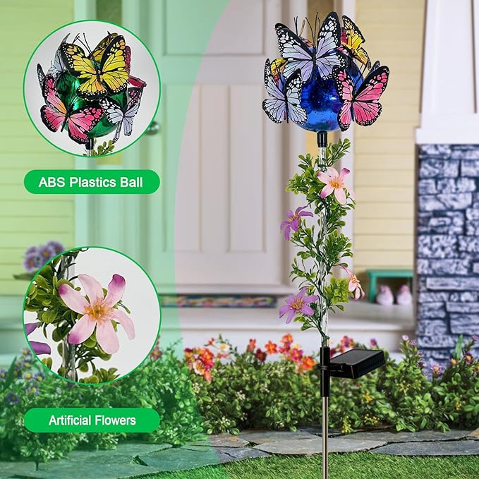 Solar Lights Outdoor Pathway,2 Pack Butterfly with Ball Garden Stakes,Colorful Twinkle Fairy Lights Decorations Outdoor for Yard,Lawn,Spring HokfirmHomeDecorGarden