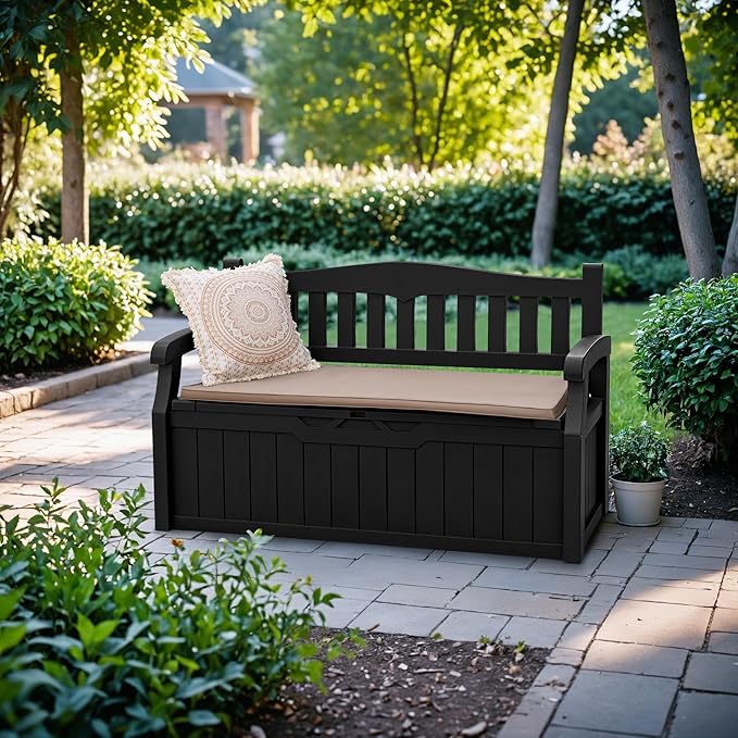 Devoko 80 Gallon Storage Bench Deck Box Lockable for Patio Furniture, Garden Decor and Outdoor Seating for Cushions, Garden Tools and Pool Supplies (Black) DEVOKO