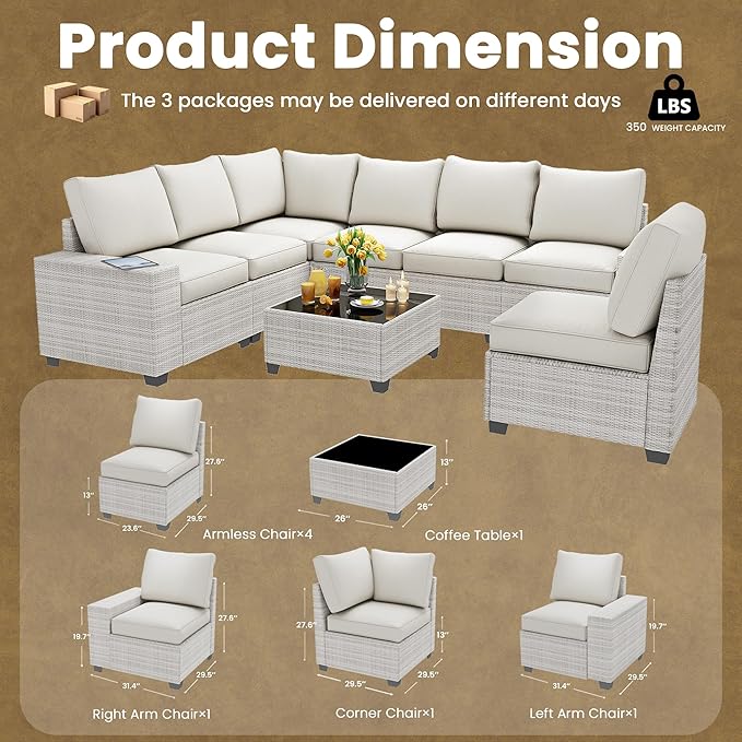 8 Piece Outdoor Patio Furniture Set, Outdoor Sectional Furniture, Rattan & Wicker Modern Modular Conversation Set Sofa Couch W/Water Resistant Washable Thick Cushions and Coffee Table, Beige Olimix