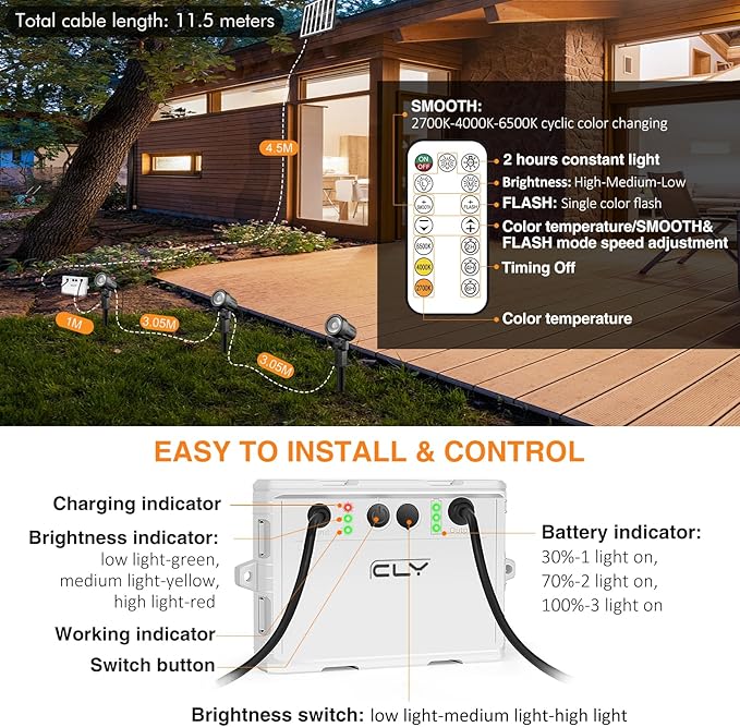 CLY Solar Landscape Spotlights, Solar Lights Outdoor IP66 Waterproof, Remote Control 2 Dynamic Modes 3 Brightness Adjustable 2700-6500K Auto On/Off 11M Cable for Garden Pathway Trees Flag 3 in 1 CLY