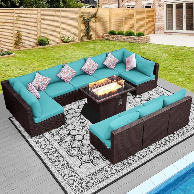 NICESOUL Modern Outdoor Couches with Firepit Table Propane/Natural Gas, 29.3'' High Back Comfy Conversation Set with Fireplace, 10 Seater Large Wide Patio Furniture Set, Brown Rattan and Teal Cushion NICESOUL