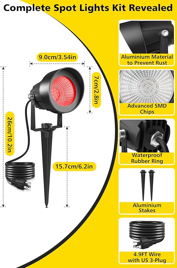 T-SUN Red Spotlight Outdoor, Waterproof LED Landscape Lighting with US Plug, Easy Install 270° Adjustable Outdoor Spot Lights for Garden Tree Yard Decor T-SUN
