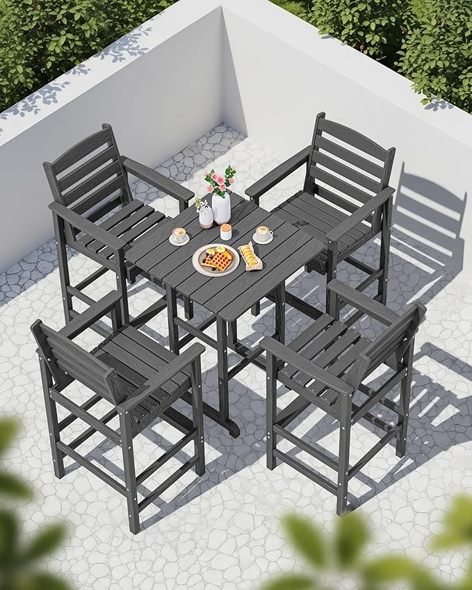 SERWALL 5 Pieces Outdoor Patio Bar Set, Tall Adirondack Bar Chair and Table Set, Gray SERWALL